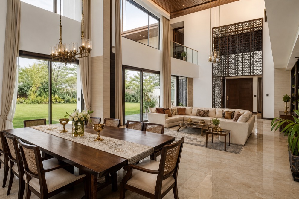 Double-height villa living and dining room opening onto a lawn