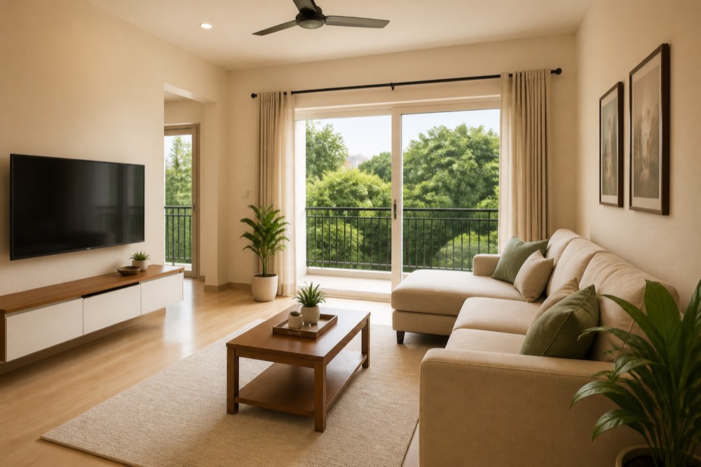Bright living room with a linen sofa and a balcony facing green trees