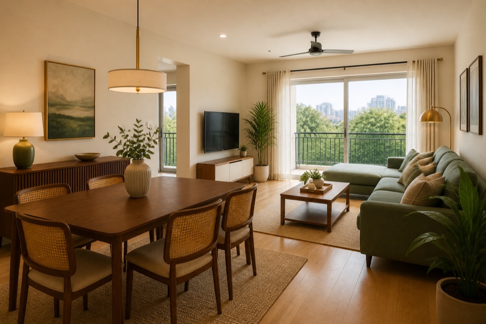 Open living and dining room with a walnut table, cane chairs and a sage sofa