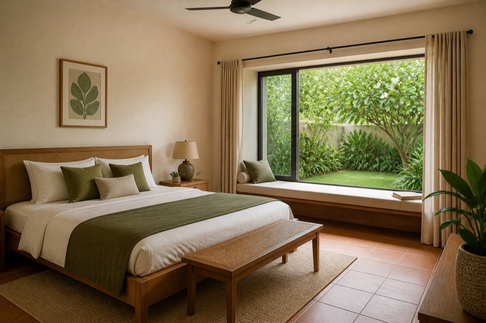 Calm bedroom with a window seat looking onto a private garden
