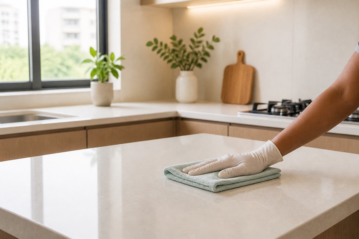 A gloved hand wiping a spotless kitchen counter
