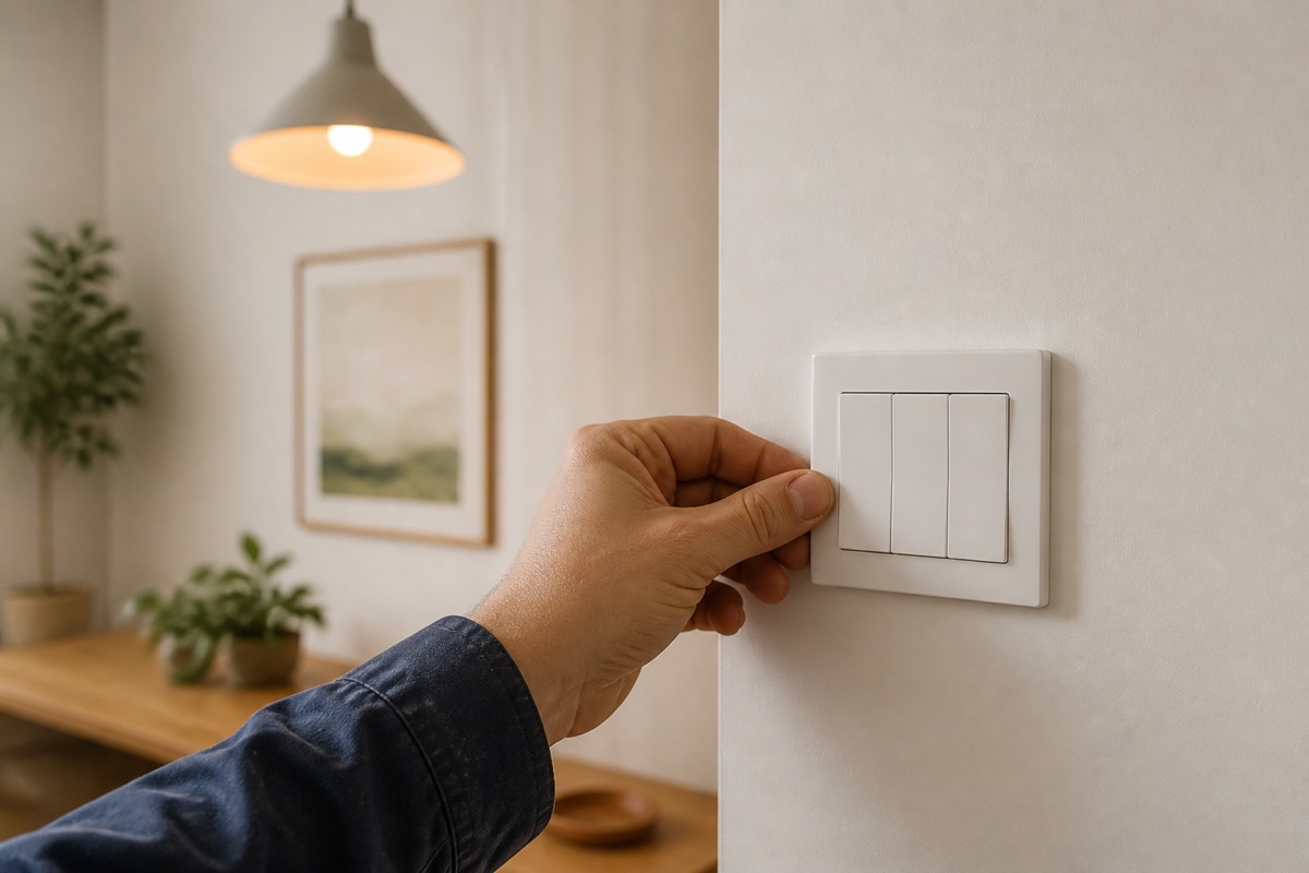 A new white wall switch being fitted under a warm pendant light