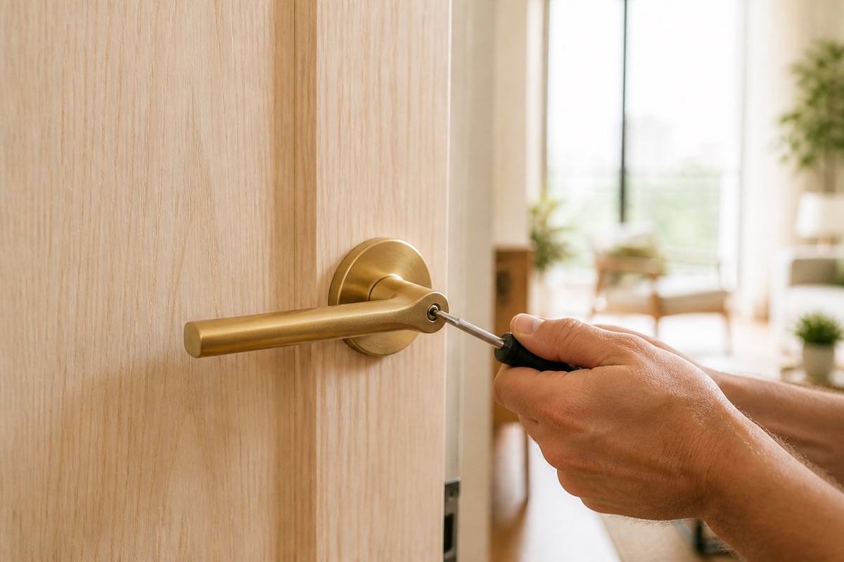 A new brass door handle being fitted with a screwdriver