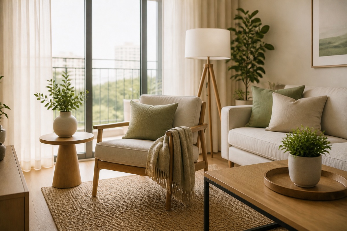 A styled living room corner with a linen armchair and plants